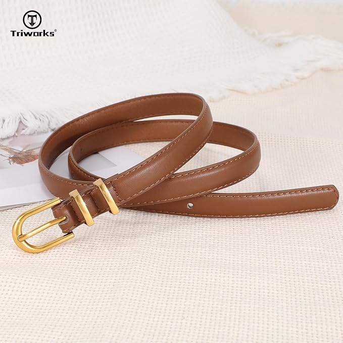 2 Pack Women Skinny Leather Belts for Jeans Pants Thin Faux Leather Belt with Gold Buckle