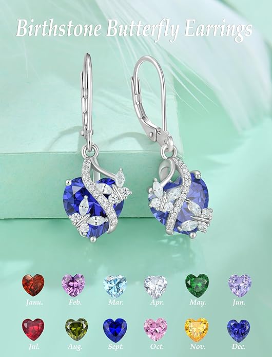Butterfly Earrings for Women 925 Sterling Silver Heart Earring Birthstone Jewelry