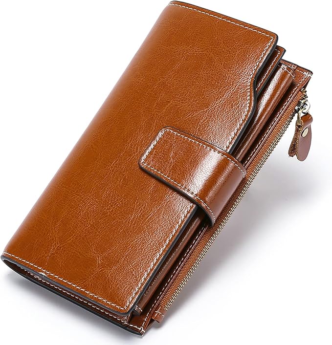 Women's Retro Long Wallet Genuine Leather RFID Blocking Large Capacity Clutch Purse in Brown (Brown)