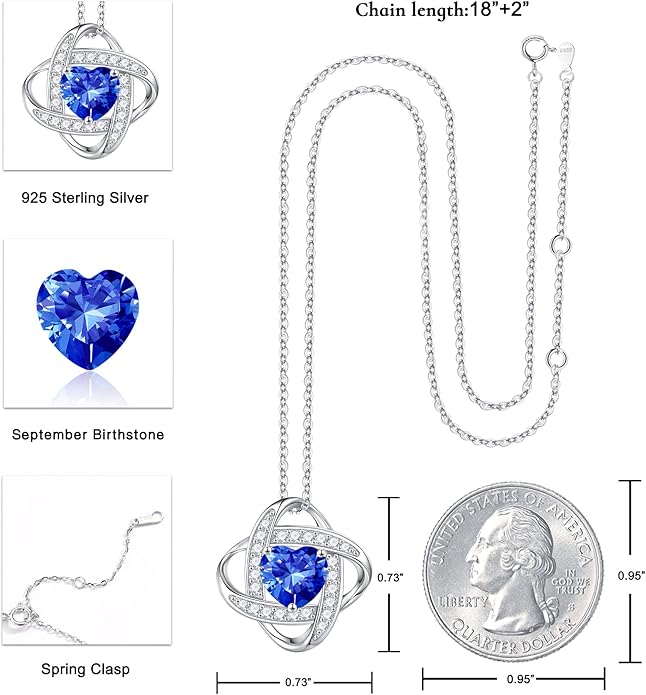Iefil 925 Sterling Silver Love Knot Birthstone Necklace, Natural or Created Gemstone, Anniversary Birthday Gifts for Women, Jewelry Gifts for Wife Mom Girlfriend