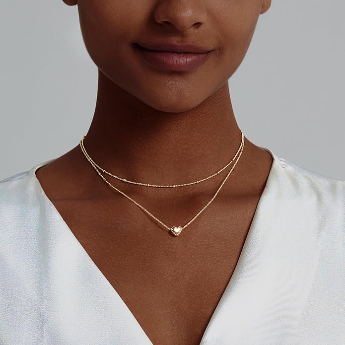 OGD Heart Necklace for Women, 14K Gold Plated Layered Tiny Puffy Heart Pendant Necklace Cute Chunky Heart Choker Necklace Simple Gold Necklace Jewelry for Women Trendy Gift