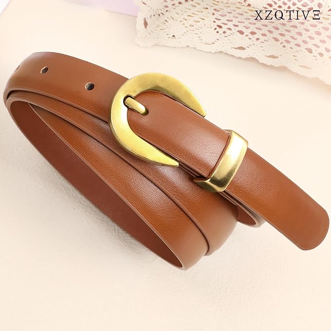 XZQTIVE Women Skinny Leather Belts for Jeans Dress Pants Fashion Ladies Thin Black Waist Belt with Gold Buckle