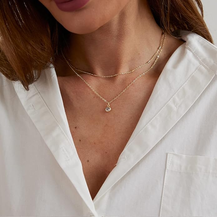 MIDEEO Christmas Gifts for Grandkids CZ Diamond Necklace for Women Dainty Layered Cubic Zirconia Solitaire Pendant Necklace Gold Plated Waterdrop Shape Square Emerald Green CZ Simulated Diamond Bridesmaid Necklace