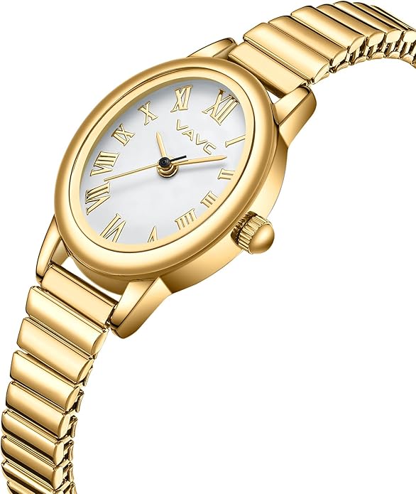 Small Gold Watches for Women,Analog Womens Watch with Stainless Steel Expansion Band,Oval Case Roman Dial,Water Resistant