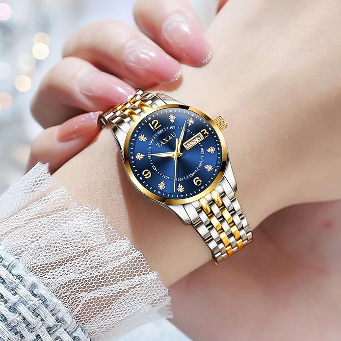 Gold Silver Two Tone Women Stainless Steel Watch Small Wrist ElegantDress Watch for Women Fashion Luxury Waterproof Day Date Analog Quartz Ladies Watches