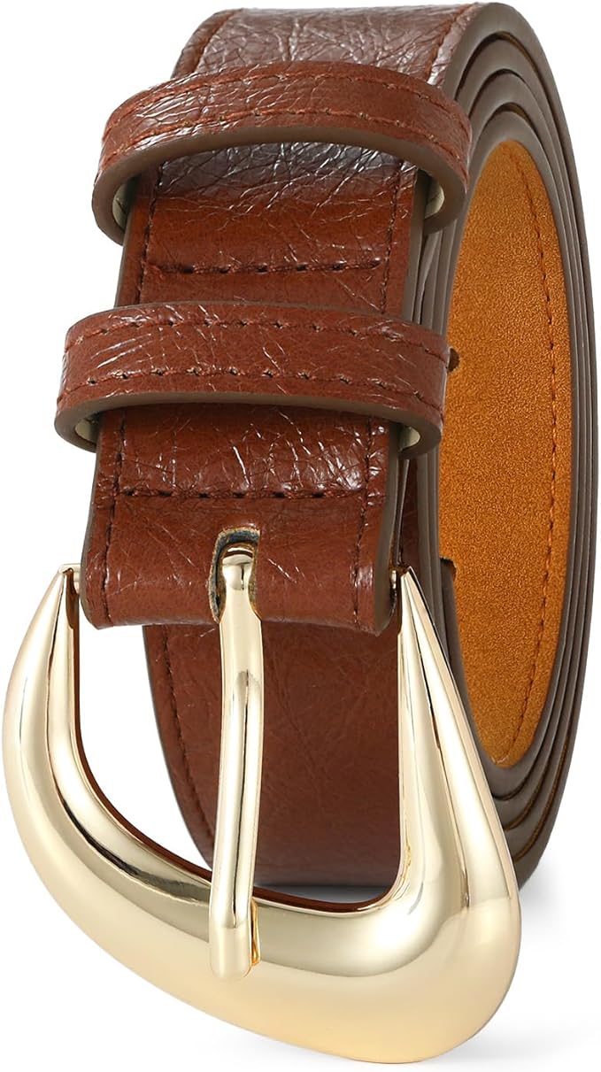 Women's Brown Belt Trend Belt with Gold Buckle Fashion Leather Waist Belt for Jeans Pants