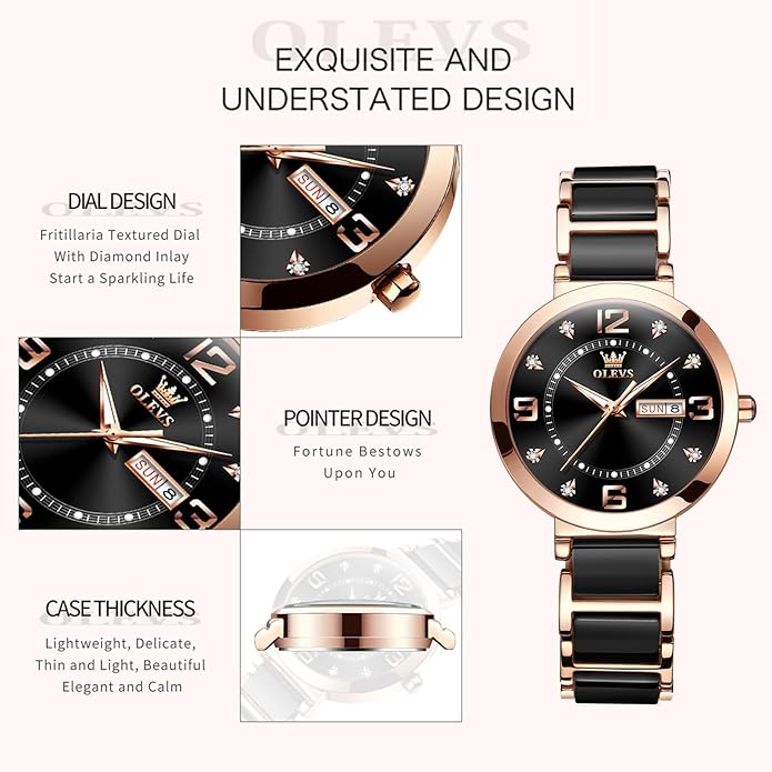 OLEVS Womens Ceramic Watch Luxury Shinning Diamond Rose Gold Watch for Women Analog Quartz Ladies Dress Watches Casual Waterproof Wrist Watches for Woman with Day Date Reloj para Mujer