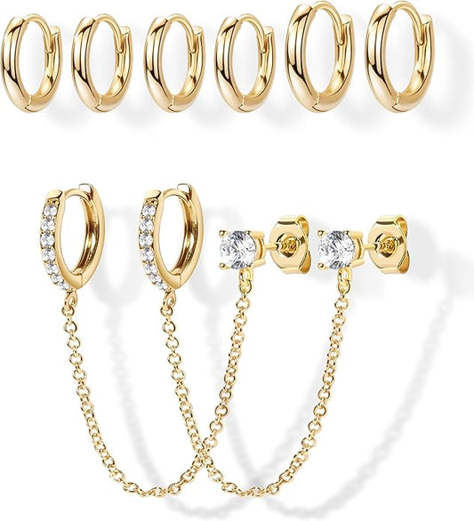 Small Gold Huggie Hoop Earrings Set for Women Men Hypoallergenic 14K Plated Stack Cartilage Earrings, Multiple Piercing Lightweight Mini Thin Cute Dainty Trendy Jewelry Set Christmas Gifts for Women