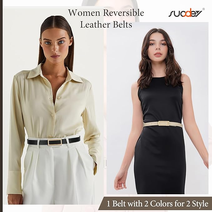 SUOSDEY Women Reversible Leather Belts for Jeans Pants Dresses Ladies Fashion Belts with Gold Buckle, 0.9" Width