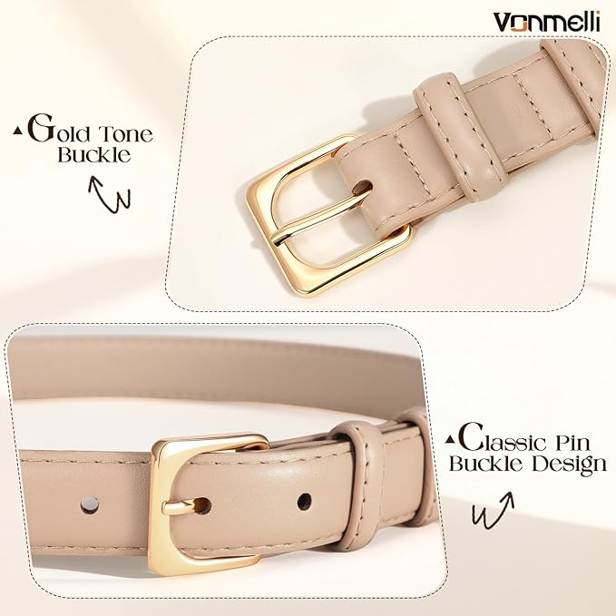 VONMELLI Womens Thin Leather Belt for Jeans Pants Dress Fashion Skinny Belt with Gold Buckle for Women