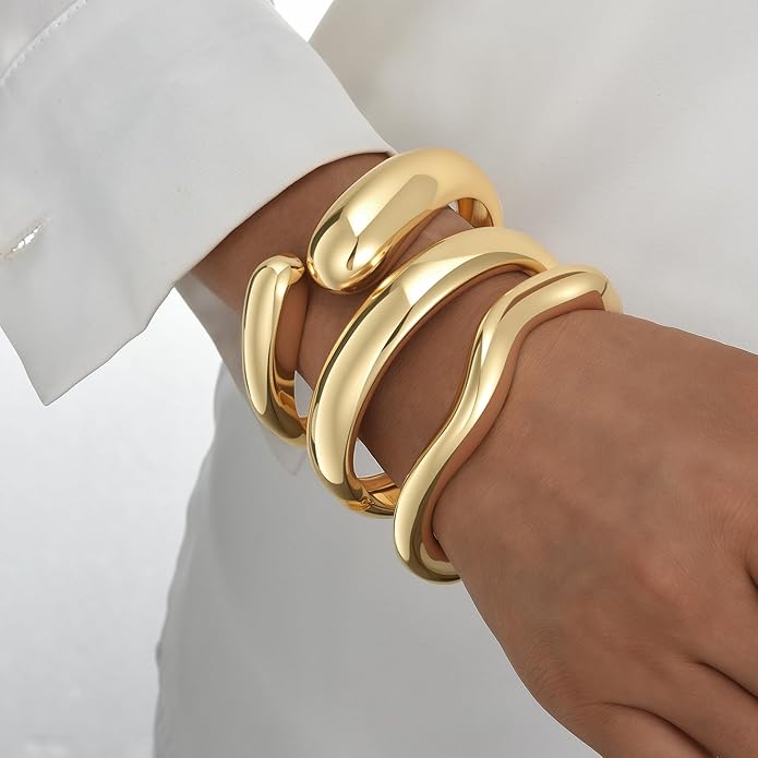 iF YOU Chunky Gold Bangle Bracelets for Women, 14k Gold Plated Multi Layer Stackable Cuff Bracelet Set, Trendy Statement Bracelet Stack Jewelry Gifts