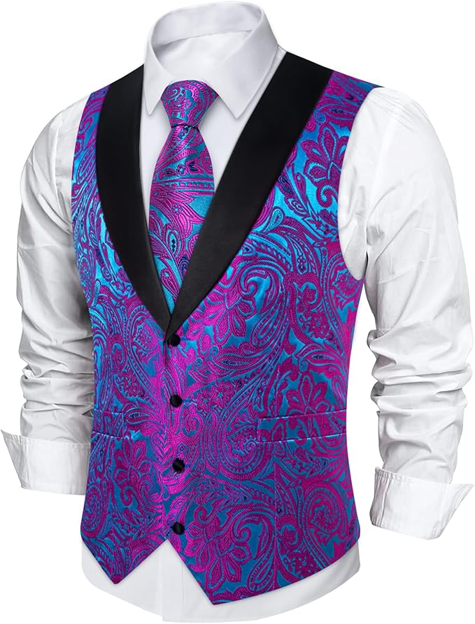DiBanGu Mens Paisley Suit Vest Silk Jacquard Waistcoat and Necktie Set Formal Shawl Collar Dress Vest 7PCS for Wedding Party