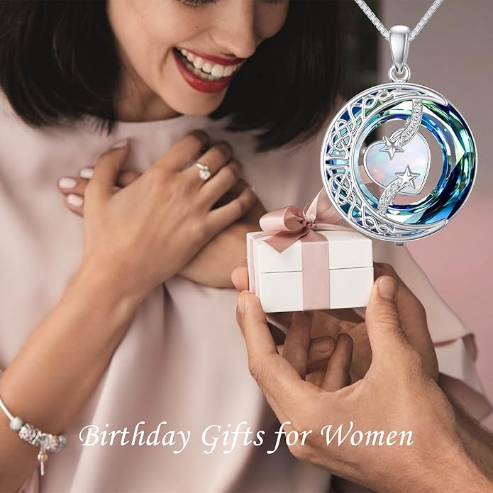 TOUPOP Birthstone Necklace 925 Sterling Silver Moon and Star Pendant with Blue Crystal Celtic Moon Jewelry Birthday Valentines Day Gifts for Women Mom Wife Her