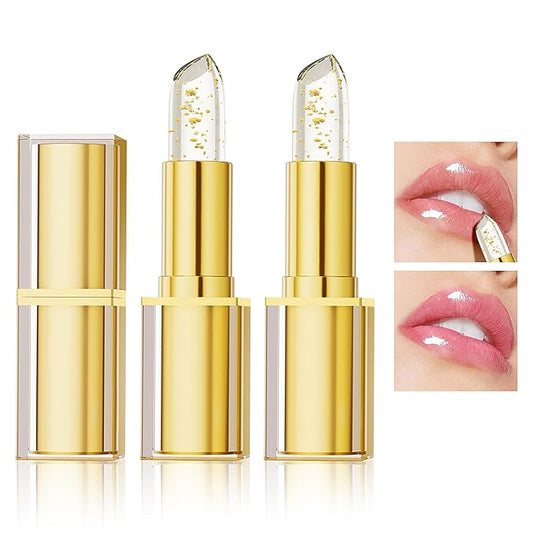 2 Pcs Color Changing Lipstick, Transferproof Gold Crystal Ph Lipstick Color Changing, Clear Lip stick That Changes Color, Nourishing Long Lasting 24 Hours Moisturizing Shine Lip Gloss for Women