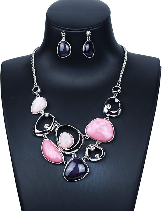 Women's Wedding Party Jewelry Enamel Leaf Rhinestone Cluster Flower Statement Necklace Dangle Earrings Set for Bridal Bridesmaids