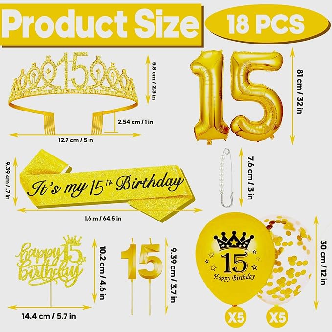 15th Birthday Decorations for Her Girls Set, Include 15th Birthday Crown and 15 Sash, 15th Birthday Cake Topper and 15 Birthday Candles, Gold 15 Balloons, Women 15th Party Supplies(Gold)