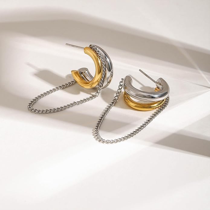 Tassel Chain Hoop Earrings for Women Trendy Two Tone Dangling Chain Earrings Hypoallergenic Fashion Jewelry Gifts