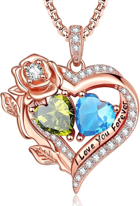 Rose Heart Necklaces for Women, Rose Gold Forever Love Jewelry with 2 Birthstones Pendant, Christmas Anniversarry Birthday Gifts for Her Wife Mom Grandma, 18+2 Inch Chain