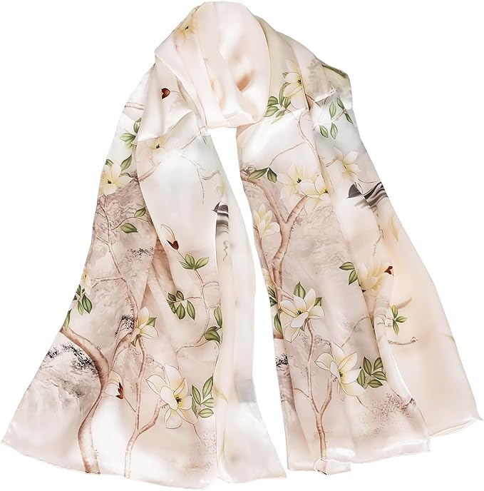 100% Mulberry Silk Scarf for Women Neck Oblong Headscarves Long Floral Print Lightweight Silk Wraps Shawls 67"*20"