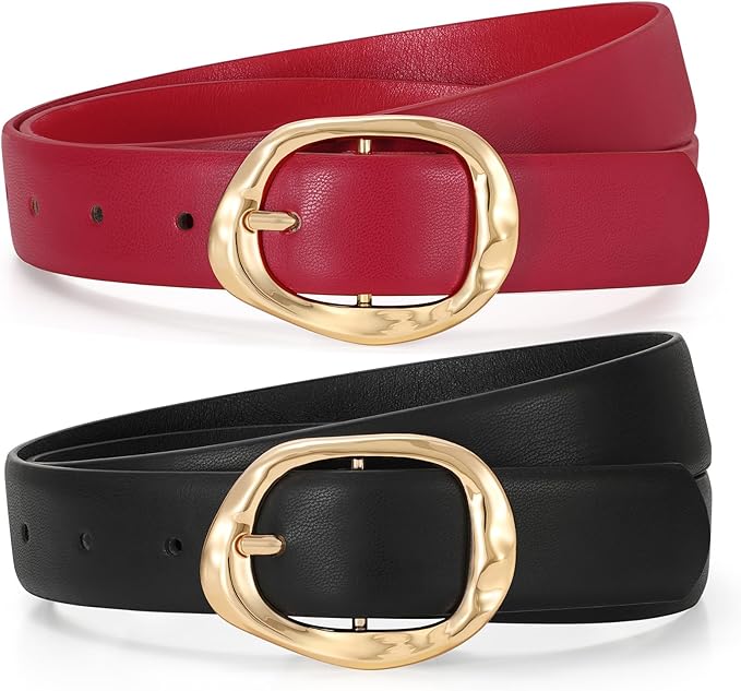 TRIWORKS 2 Pack Leather Belts for Women Fashion Waist Belt with Liquid Shapes Women Belt for Jeans Pants Dresses