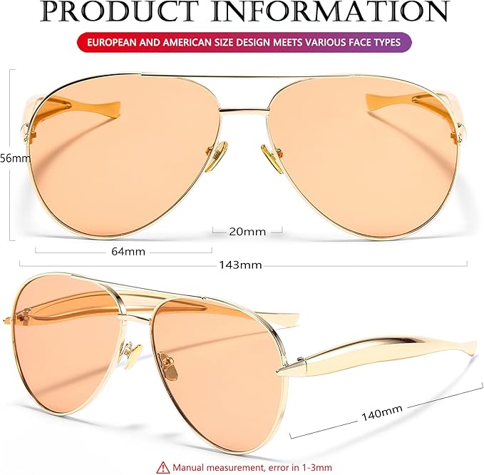 AIEYEZO Gold Aviator Sunglasses for Women Men Oversized Thick Frame Sun Glasses Fashion Retro Sardine Pilot Shades