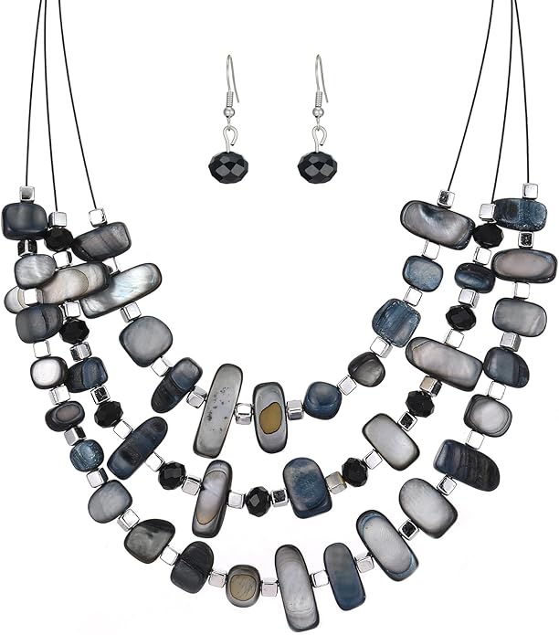 3 Layered Chunky Statement Necklace for Women Beaded Strand Necklaces with Earring Fashion Costumes Collar Necklace Jewelry Sets Gifts for Women
