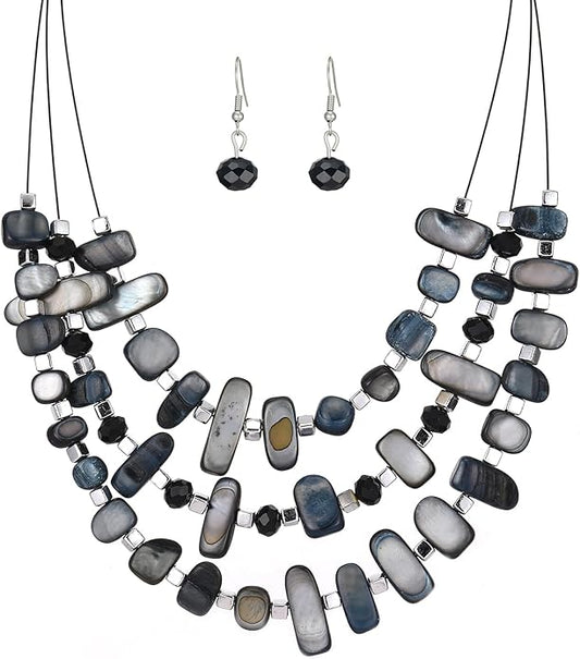 3 Layered Chunky Statement Necklace for Women Beaded Strand Necklaces with Earring Fashion Costumes Collar Necklace Jewelry Sets Gifts for Women