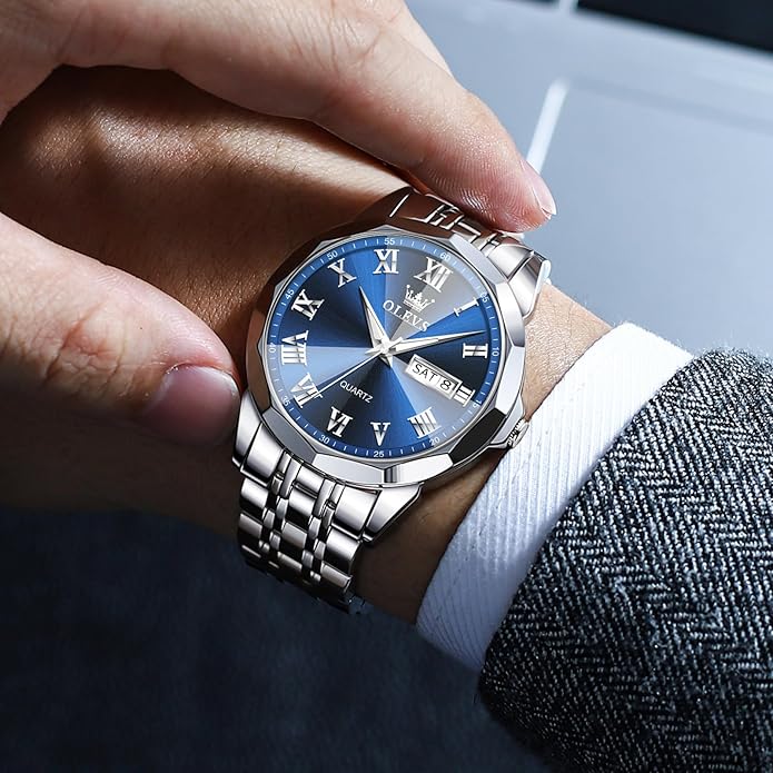 OLEVS Classic Men Watches with Date,Stainless Steel Man Watch with Date, Bussiness Watches for Men,Luminous Quartz Mens Watches Black/White/Blue/Gold, Waterproof Male Watch with Week