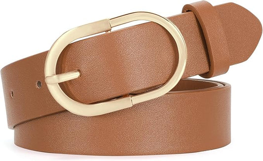 SANSTHS Women Faux Leather Chic Belts for Jeans Pants Fashion Ladies Belt Solid Color with Gold Curved Pin Buckle