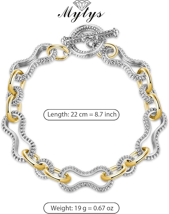 Mytys Chunky Chain Link Bracelet Two-Tone Mixed Metal Textured Toggle Clasp Statement Bangle Bracelet Jewelry for Women Fashion