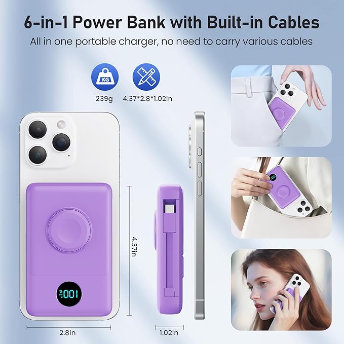 Magnetic Portable Charger for iPhone with Built-in Cables,6-in-1 10800mAh Power Bank with iWatch Charger & LCD Display,25W Fast Charging Battery Pack for iPhone 17/16/15/14/13/12,Apple Watch (Purple)
