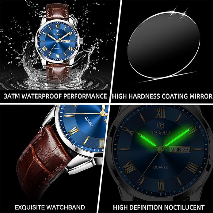 Leather Band Mens Watches with Day Date Quartz Analog Large Face Classic Watch Roman Numerals Dress Luminous Rlojes para Hombres