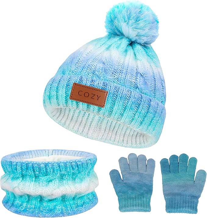 4 Pieces Winter Hat Scarf Glove Set for Women,Fleece Lined Beanie with Pom Pom,Touchscreen Gloves Knit Scarf for Cold Weather