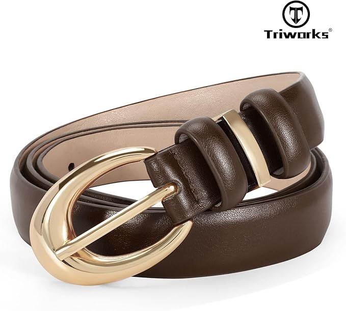 TRIWORKS Women Leather Belt for Jeans Pants Fashion Ladies Skinny Faux Leather Dress belt with Gold Buckle