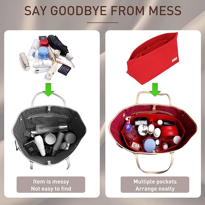 Doxo Purse Organizer Insert, Felt Bag Insert Tote Fit L Speedy 35, Neverfull PM & Base Shaper 2pc Set(Medium-Red-Combination)