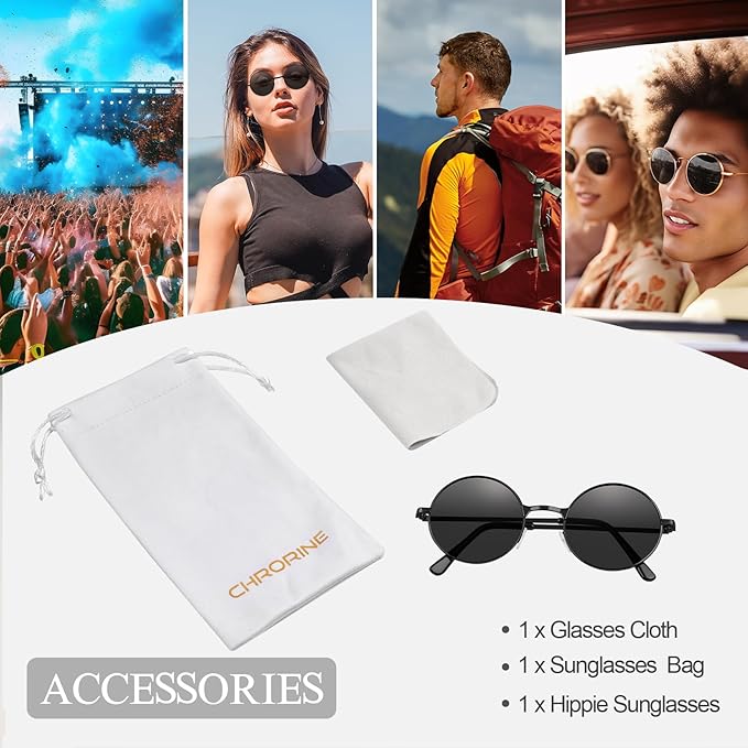 CHRORINE Hippie Sunglasses Round 70s Retro Glasses for Women Men Party Accessory Festival Fashion Vintage Sunglasses