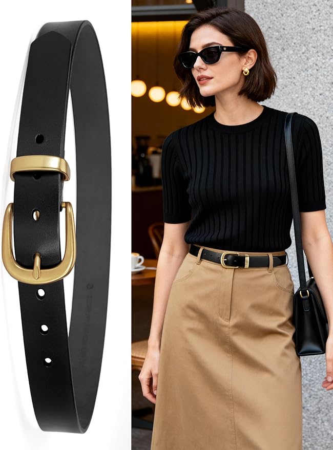 Womens Belts for Jeans 1.1" Width Ladies Belts for Dresses Full Grain Leather Gold Buckle Belt Gift Box