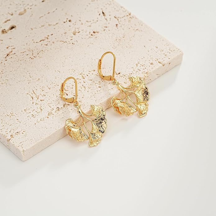 Large Gold Earrings for Women, Chunky Gold Statement Drop Dangle Earring Maple Leave Ginko Leaf Jewelry Gifts