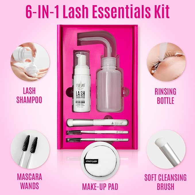 STACY LASH Lash Shampoo Kit Foaming Cleanser with Eye Lash Spoolies & Rinse Bottle & Cleansing Pad & Brush for Eyelash Extensions & Clusters & Natural Eyelashes