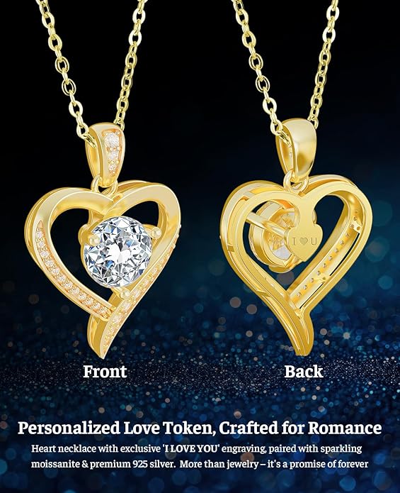 Heart Pendent Necklaces for Women, 1-3ct Moissanite Necklace with I love U Engraving - Anniversary Birthday Gifts for Women Her Wife Girlfriend Mom, 925 Silver Jewelry