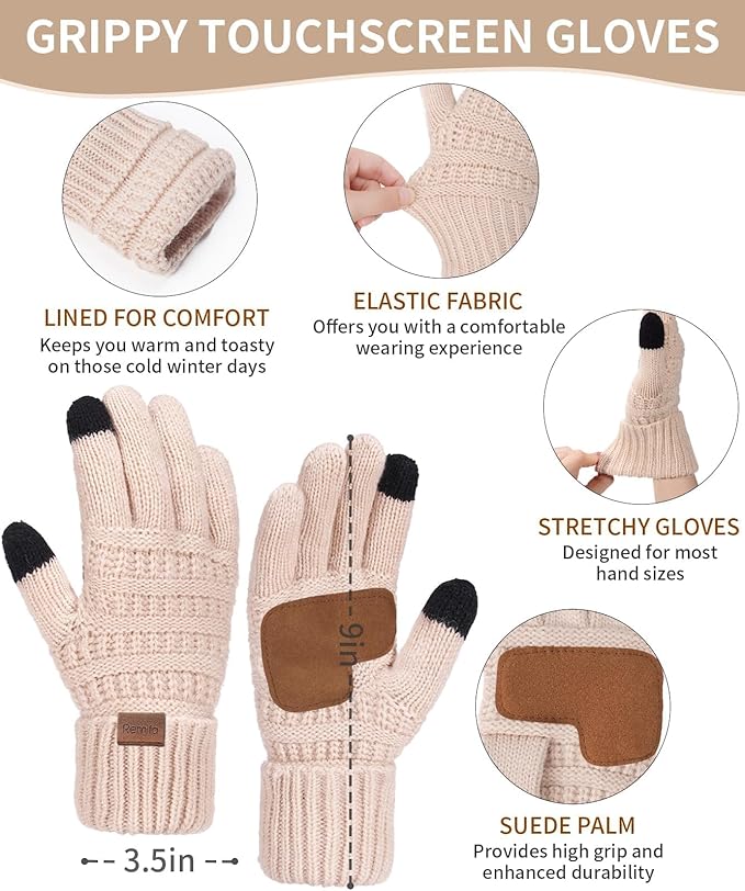 Remifa Winter Beanie Hat Scarf Gloves Set for Women, Slouchy Pom Pom Hat Long Knit Scarf Touchscreen Gloves Christmas Gifts