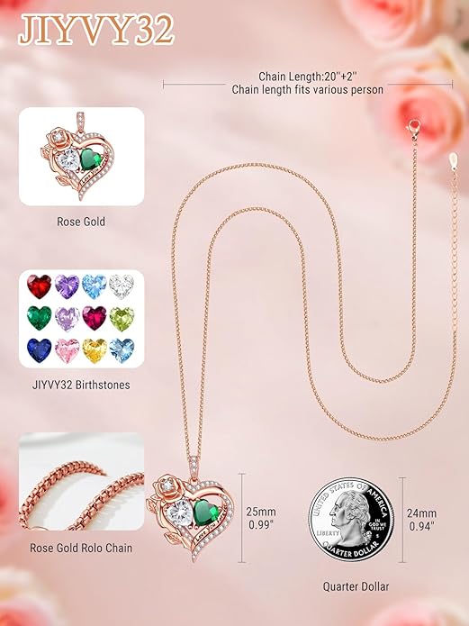 Rose Heart Necklaces for Women, Rose Gold Forever Love Jewelry with 2 Birthstones Pendant, Christmas Anniversarry Birthday Gifts for Her Wife Mom Grandma, 18+2 Inch Chain
