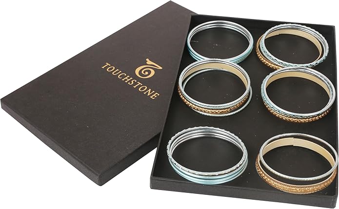 Touchstone Indian Metal Bangles for Women Gold Alloy Bracelets desi 2 Dozen Bangle Collection Bollywood Women's Jewelry Set Multi Stacking Wide Chunky Textured Golden Set of 24 in Gold or White Tone