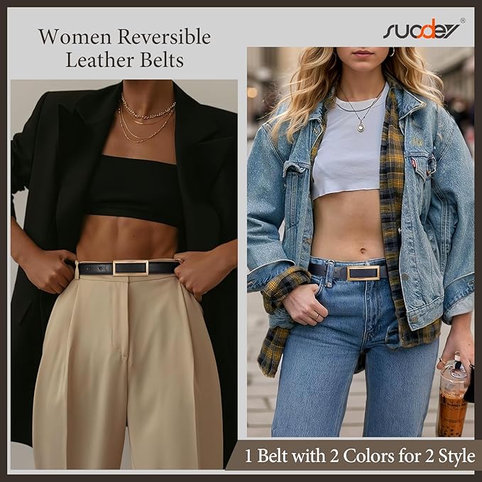 SUOSDEY Women Reversible Leather Belts for Jeans Pants Dresses Ladies Fashion Belts with Gold Buckle, 0.9" Width