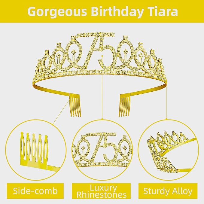 75th Birthday Decorations for Her Girls Set, Include 75th Birthday Crown and 75 Sash, 75th Birthday Cake Topper and 75 Birthday Candles, Gold 75 Balloons, Women 75th Party Supplies(Gold)