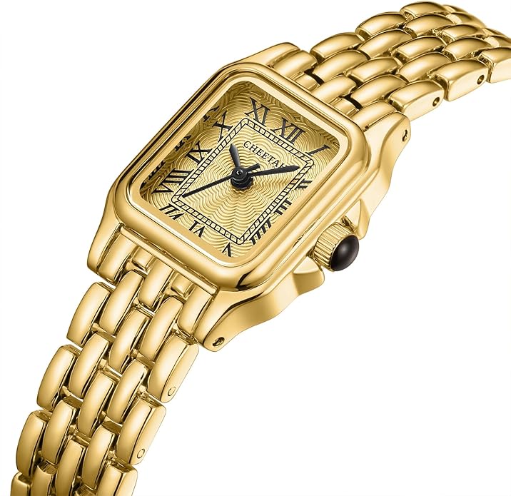 CHEETAH Gold Watches for Women with Small Vintage Bracelet, Rectangular Case Roman Dial