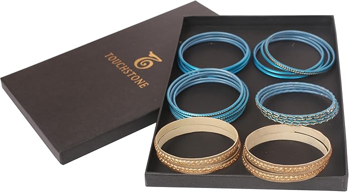 Touchstone Indian Metal Bangles for Women Gold Alloy Bracelets desi 2 Dozen Bangle Collection Bollywood Women's Jewelry Set Multi Stacking Wide Chunky Textured Golden Set of 24 in Gold or White Tone