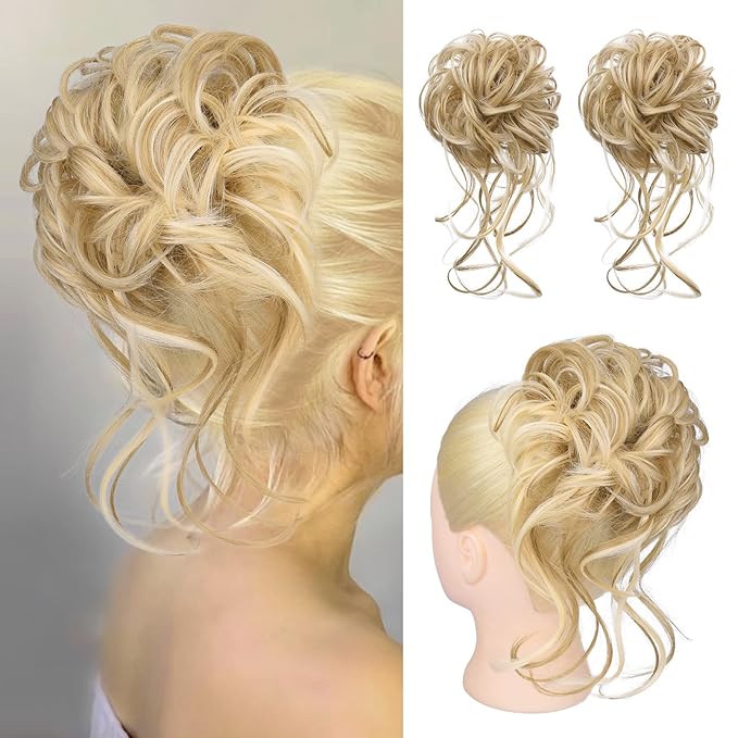 HOOJIH 2PCS Messy Bun Hair Piece, Blonde Mixed - Curly, Heat Resistant, Clip-In