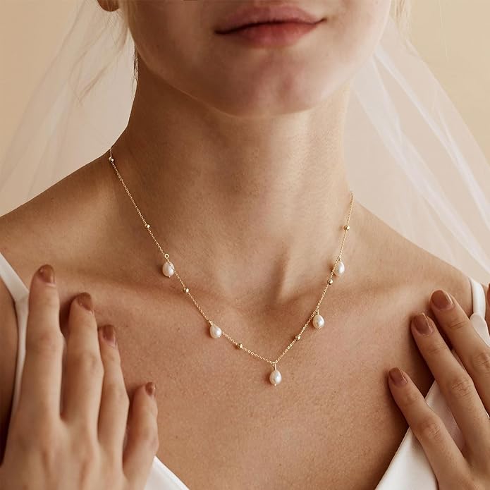 Valentines Day Gifts for Her - 14K Gold Plated Pearl Necklaces for Women Trendy Dainty Necklace Simple Layered Pearl Necklaces for Women Trendy Wedding Birthday Valentines Jewelry