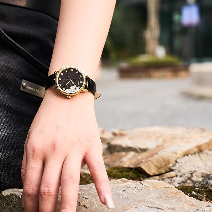 Womens Watch Bee Watches for Women Moving Bees Between Double Sapphire Glass with Genuine Leather Strap Luminous Hands and Trendy Watch with 12 Genuine Diamonds Rose Gold Mesh Band 28mm